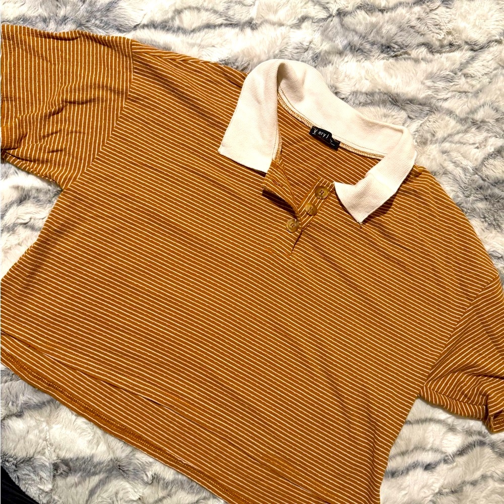 F21 Brown Striped Polo Shirt